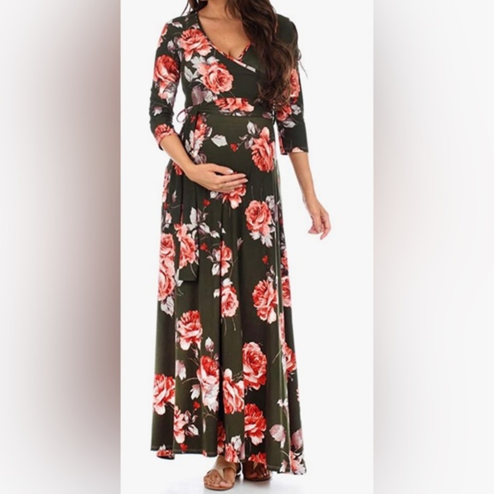 Mother Bee Maternity | Olive Green Faux Wrap Maternity Dress w/Adjustable Belt